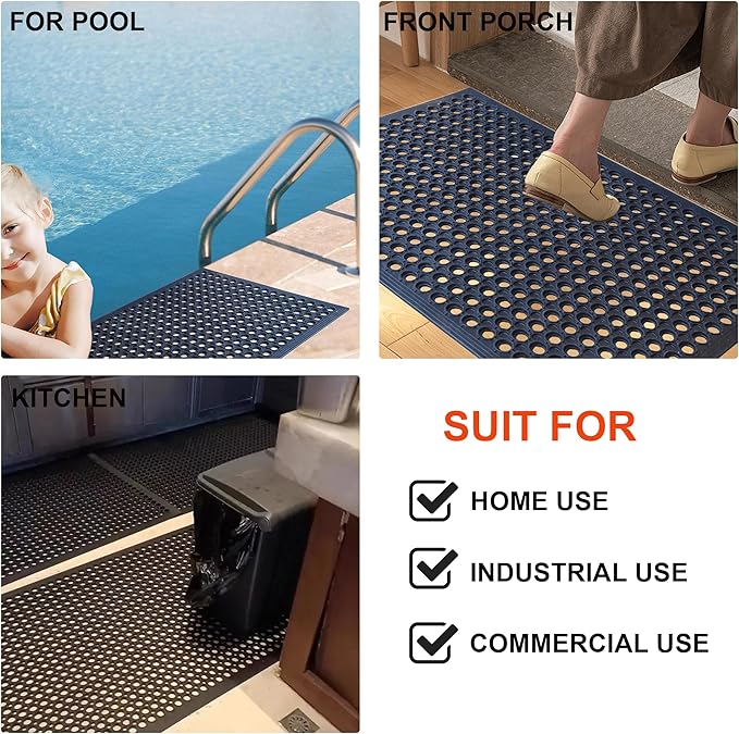 OrangeStar Anti-Fatigue 4-Pack Rubber Floor Mat, 24”x36” Restaurant Kitchen Commercial Drainage Mats, Non-Slip Door Mat w/Holes for Indoor Outdoor Bar Pool, Black