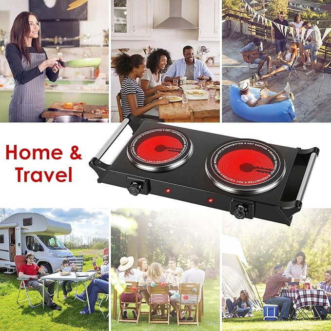 1800W Electric Double Burner, Portable Electric Stove, Hot Plate Countertop with Adjustable Temperature & Stay Cool Handles for RV Camping Home Dorm