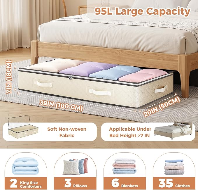 6 Pack 95L Under Bed Storage Containers Beige | Underbed Storage Bags - Image 3
