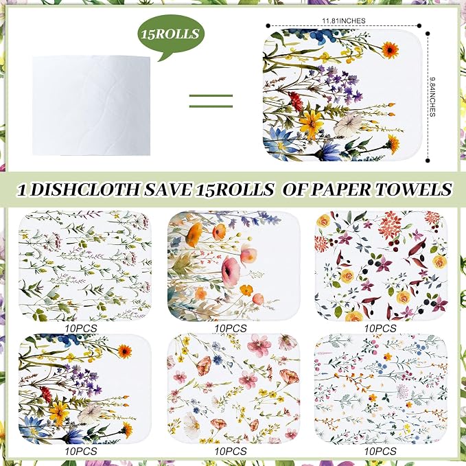Reusable Kitchen Cloths Cotton Towel, 60 Pack, Wildflowers - Image 2