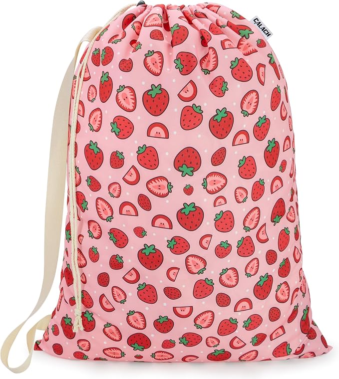 Canvas Laundry Bag with Shoulder Strap Drawstring, Strawberry by CALACH
