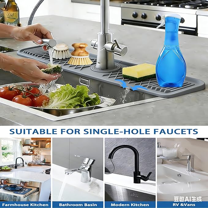 24 Inch Silicone Faucet Mat for Kitchen Sink, 7° Slope Fast Self-Draining Sink - Image 2