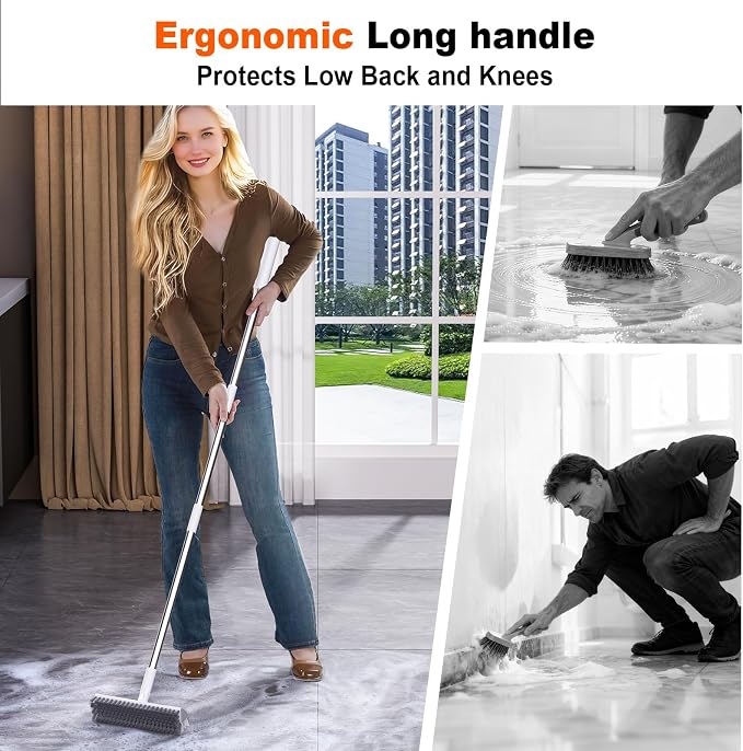 Floor Scrub Brush with Long Handle, Heavy-Duty Tile and Shower Grout Brush Stiff - Image 2