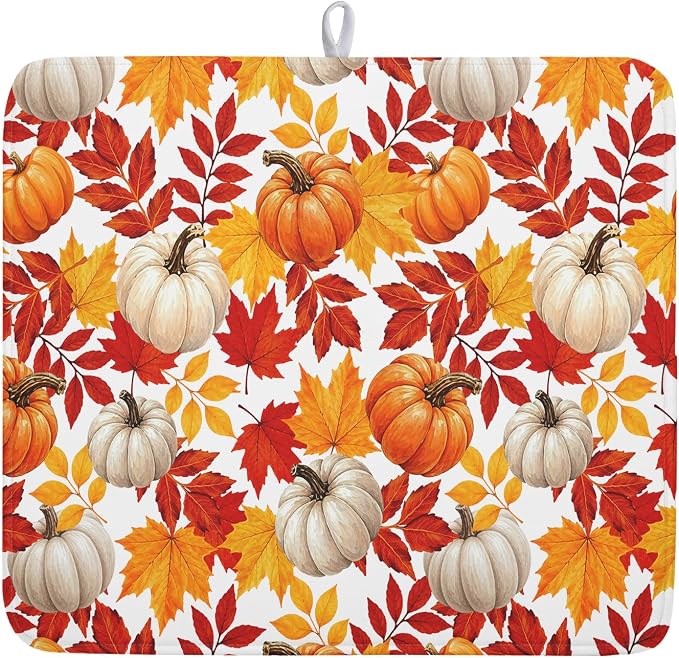 Fall Pumpkin Dish Drying Mat for Kitchen Counter 16x18 Inch Autumn Pumpkins by Kawani