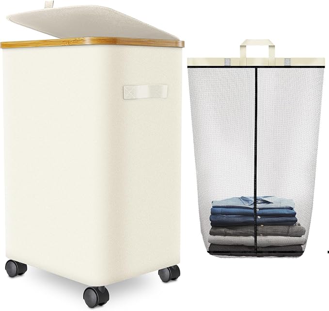 Laundry Hamper with Wheels, 75L Rolling Laundry Basket with Lid by Wuevu