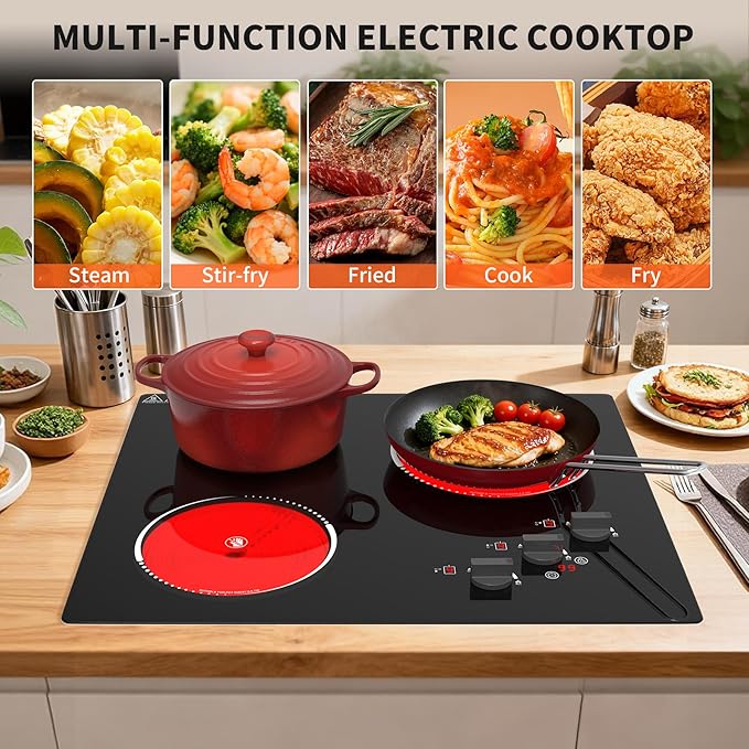 VBGK Electric Cooktop,24 inch 220V Electric Stove Top,Touch and Knob Control,LED,9 Power Levels, Kids Lock &Timer,Overheat Protection,5000W 3 burner cooktop.