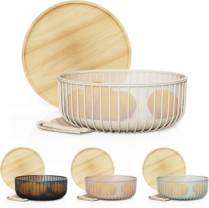 Metal Wire Mesh Fruit Baskets with Wooden Lid - Fly-Proof Indoor Solution for Fresh Fruits - Covered Fruit Bowl - Produce Cover Against Flies for Vegetables - Warm Gray