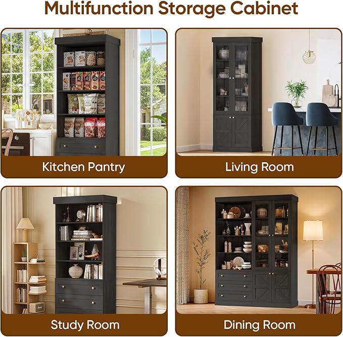 Vyre 71" Tall Farmhouse Kitchen Pantry, Set of 3 Large Storage Cabinets with 3 Drawers, Adjustable Shelves, Wood Versatile Hutch Cabinet for Living Room, Dining Room, Black