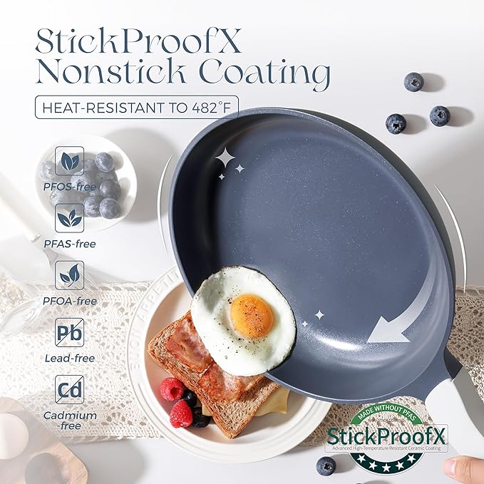PRICUSIS Nonstick Ceramic Frying Pan Skillet, 8+10 Inch Induction Compatible with Stay Cool Handle, Healthy PTFE PFAS & PFOA Free Omelet Pan, Dishwasher Safe (Blueberry Gray)