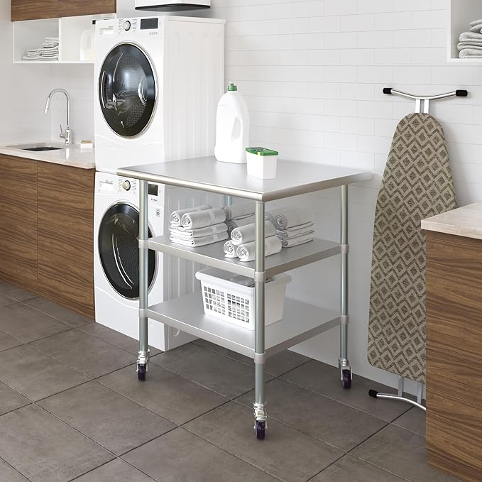AmGood Stainless Steel Work Table with 2 Shelves and Casters | Metal Utility Table On Wheels (Stainless Steel Work Table with 2 Shelves + Casters, 36" Long x 30" Deep)