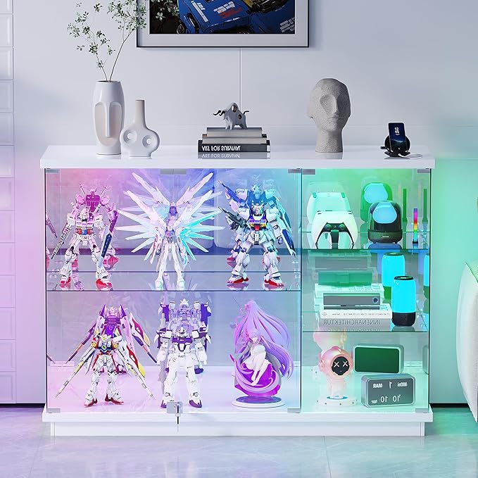 Lvifur RGB Glass Display Cabinet - with Lock, High Gloss Sideboard with Human Body Sensor & Glass Shelves for Toys, Books, Collectibles, Liquor, Bookcase for Living Room, Kitchen, Study, White