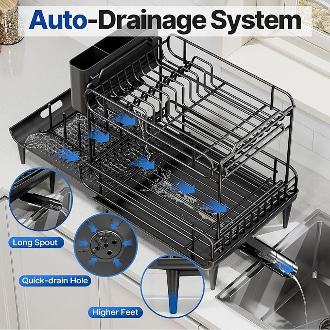 Urackify Dish Drying Rack for Kitchen Counter, Expandable 2 Tier Dish Rack - Image 7