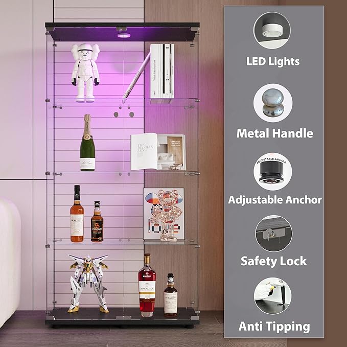 64.5" H 4-Shelf LED Lights Glass Display Cabinet with Double Door,Modern Curio Cabinet Collection Display Case,Floor Standing Bookshelf Glass Case with Lock for Living Room,Home Office (Black)