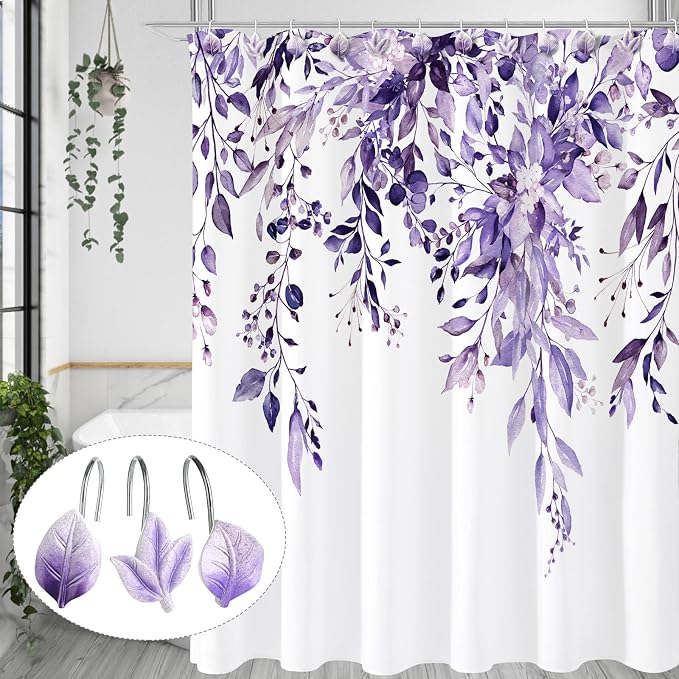 Purple Plant Leaf Shower Curtain Hooks, Eucalyptus Bathroom Decor, Metal - Image 4