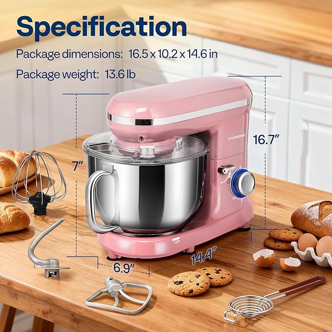 VIVOHOME Stand Mixer, 660W 10 Speed 6 Quart Tilt-Head Kitchen Electric Food Mixer with Beater, Dough Hook, Wire Whip and Egg Separator, Pink