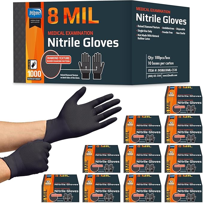 Inspire 6 or 8 Mil HEAVY DUTY Stretch Nitrile Black Gloves Disposable Latex Free by Inspire