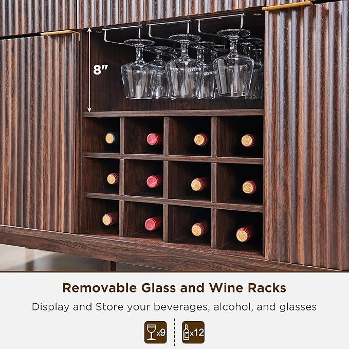 OKD 60" Fluted Buffet Cabinet with Storage - 3 Drawers and 2 Doors, Mordern Wine & Coffee Bar Cabinet with Wine and Glass Racks, Sideboard with Adjustable Shelves for Kitchen, Dining Room,Walnut