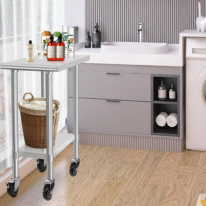 HARDURA Stainless Steel Commercial Table Prep & Work Table with Casters Heavy Duty Metal Table with Wheels NSF 430 30×15 Inches