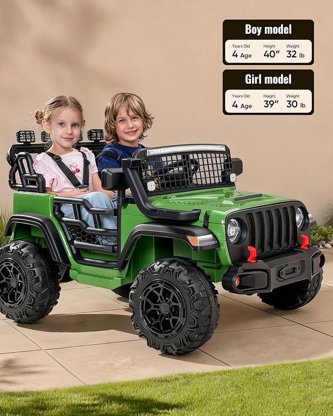 2 Seater Ride on Car Toy, 24V 4WD Electric Car for Kids 4-8 with Remote Control, 4x200W Motors, Capacity 110 lb - Army Green