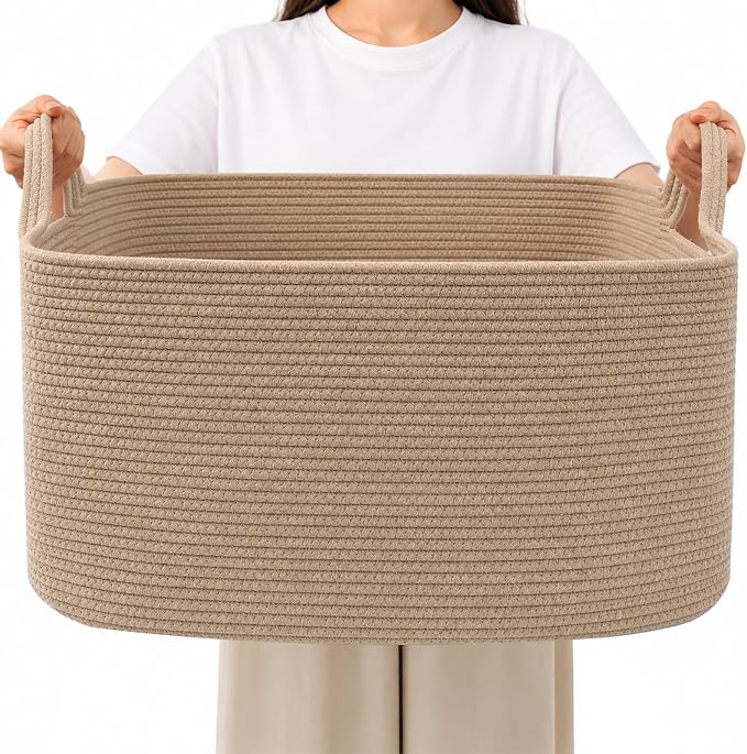 96L Woven Laundry Basket with Handles, Extra Blanket Basket by HZFTJOY