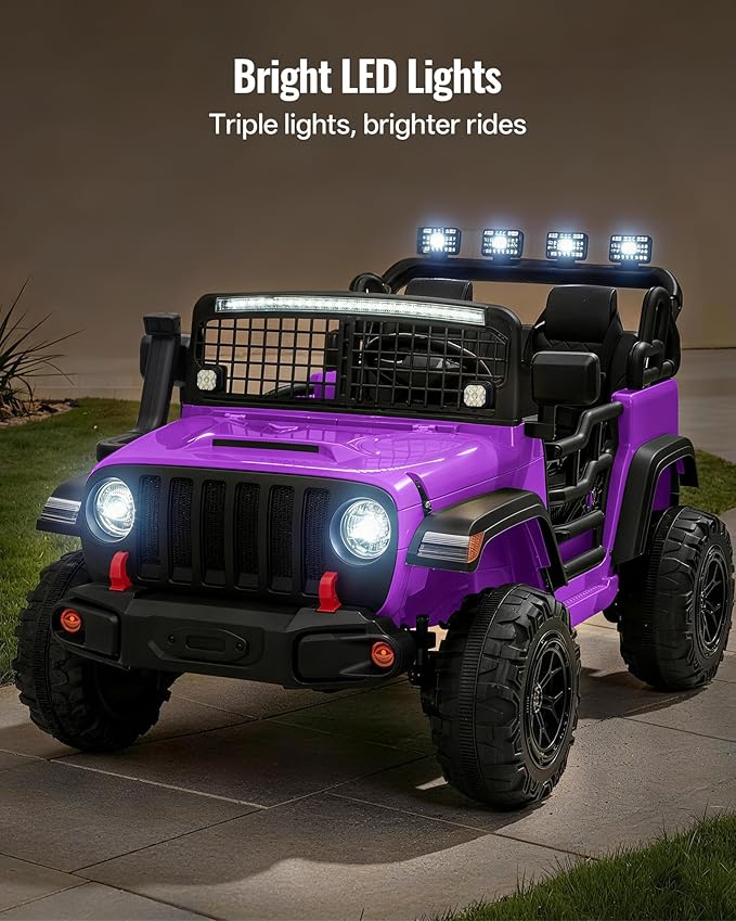 2 Seater Ride on Car Toy, 12V Electric Car for Kids 4-8 with Remote Control, Capacity 110 lb, LED Light - Purple