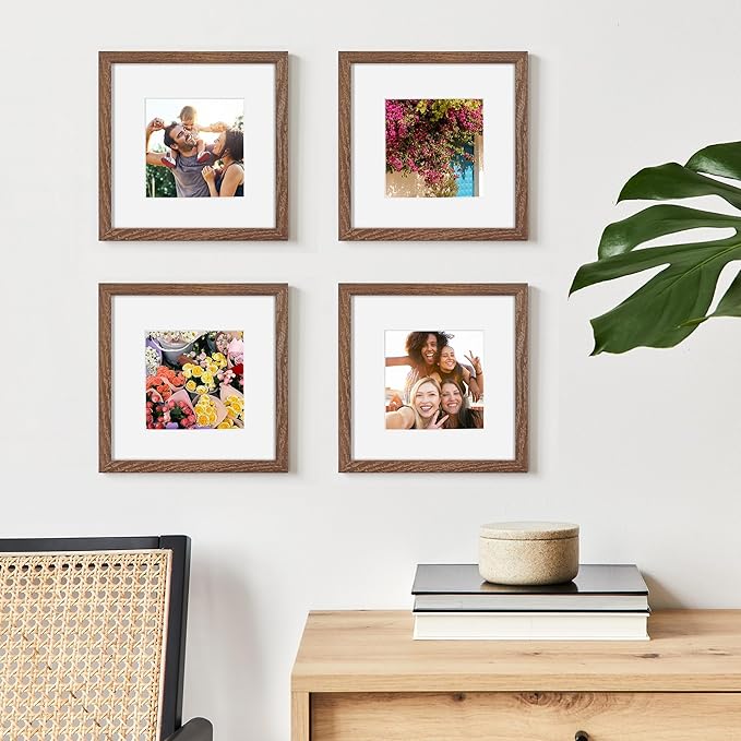 Rustic Wood 8x8 Picture Frame, Solid Oak Wood Frame 8 by 8, 8 x 8 Square Photo Frame with Tempered Real Glass, 8"x8" Picture Frame Matted to 4"x4", Squre Wood Picture Frames, Walnut Color, Set of 4