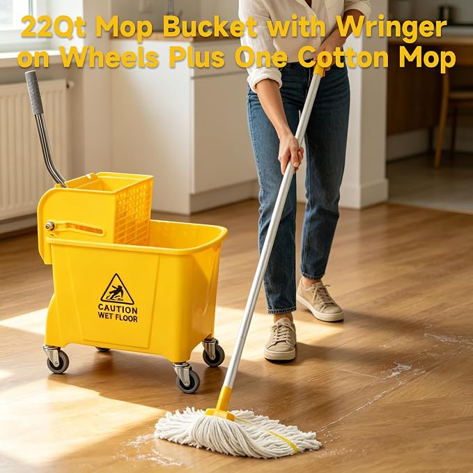 22-Qt Mop Bucket with Wringer on Wheels, Cotton Mop Included - Image 3