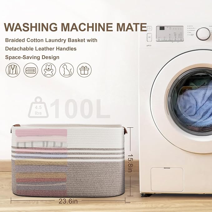 100L Woven Laundry Basket Hamper - Image 7