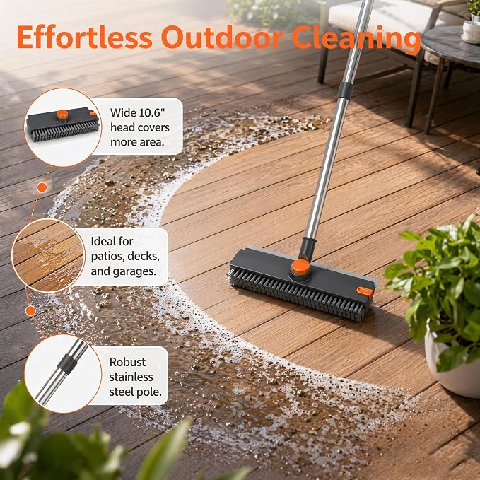 3-in-1 Floor Scrub Brush with Long Handle, Rotating Head Squeegee & Tweezer | - Image 7