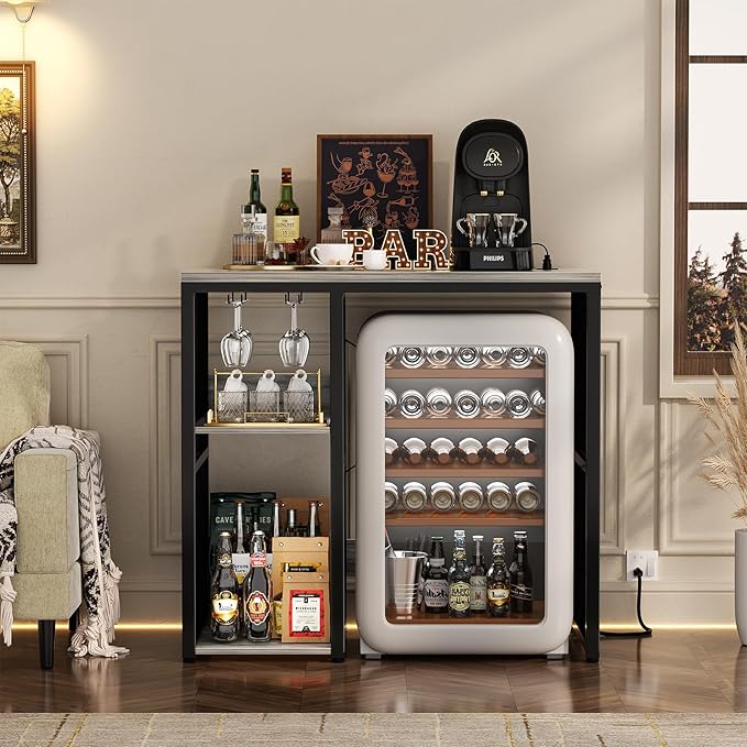 Homieasy Mini Fridge Cabinet Stand with Power Outlet, Coffee Bar Cabinet with Mini Fridge Space, Bar Stand with Microwave Shelf with Wine Rack for Kitchen, Dorm,Light Oak