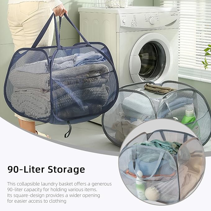 Collapsible Laundry Basket 90L, Mesh Pop-up Hamper, Side Storage Pocket - Image 5