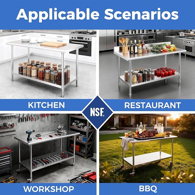 OSTBA Stainless Steel Table for Prep & Work 24x60 Inches with Backsplash, NSF Metal Commercial Heavy Duty Table with Adjustable Undershelf and Foot for Restaurant Kitchen Home and Hotel