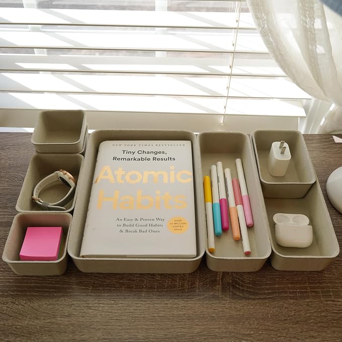 Office Felt Desk Drawer Organizer Tray 8pc Stone Natural Storage Bin | - Image 2