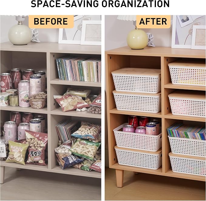 Small Storage Bins with Lids 6 Packs, Plastic Storage Basket with Bamboo Lid - Image 9