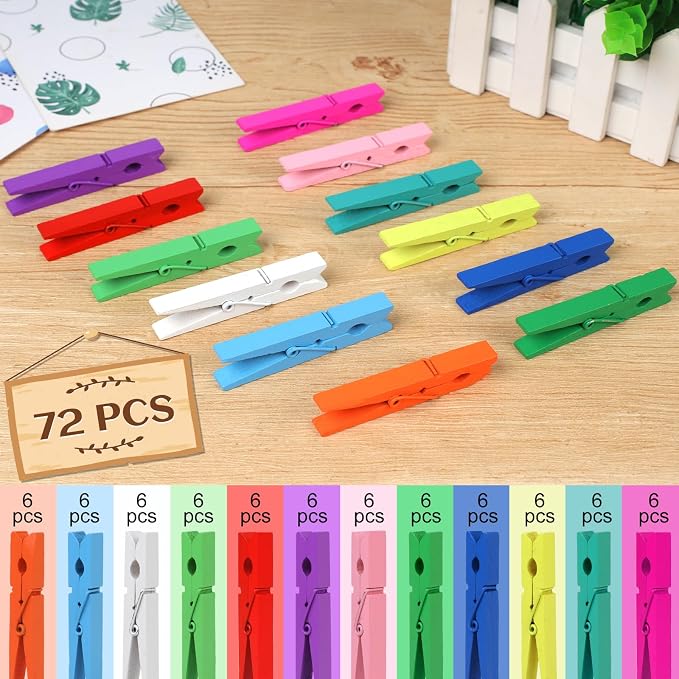 Phinus 72 Pcs Colorful Wooden Clothes Pins, 2.9 Inch 12 Colors Clothes Pins - Image 5