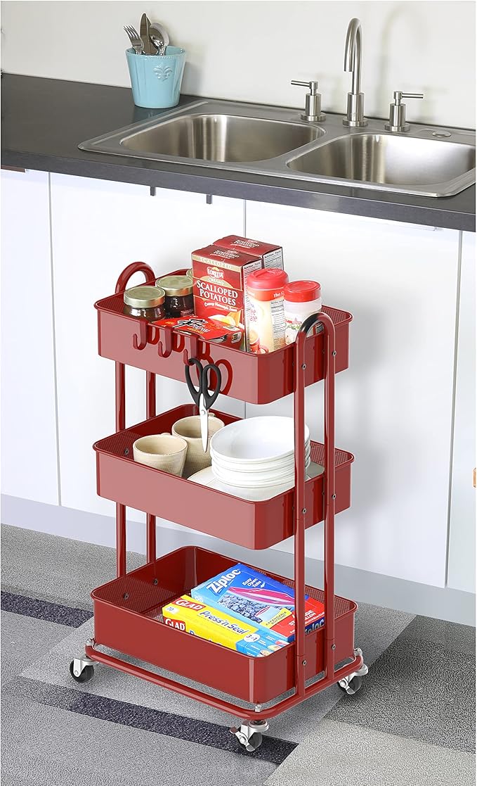 Simple Houseware 3-Tier Heavy Duty Metal Utility Rolling Cart, Red
