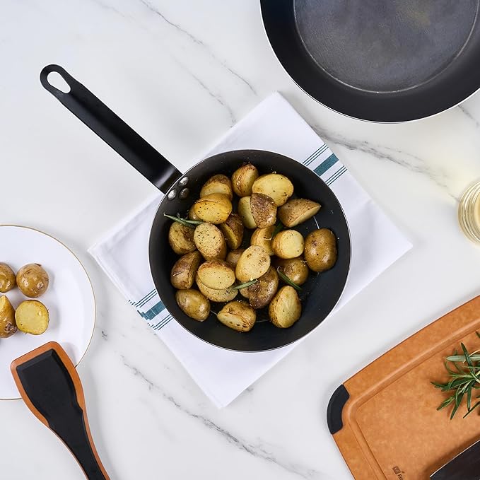 Restaurantware-Met Lux 9 Inch Fry Pans, 6 Lightweight Frying Pans - Induction-Ready, Triple-Riveted, Black Carbon Steel Cooking Skillets, Durable, For Searing, Sauteing, And Browning Food