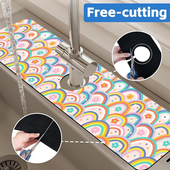 Boho Rainbow Hippie Floral Kitchen Sink Splash Guard Mat Absorbent Fast Drying - Image 7