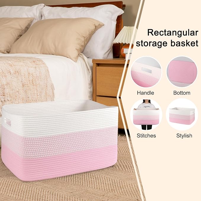 OIAHOMY Blanket Basket Laundry Basket Dog Toy Basket 75L Pink/White - Image 5