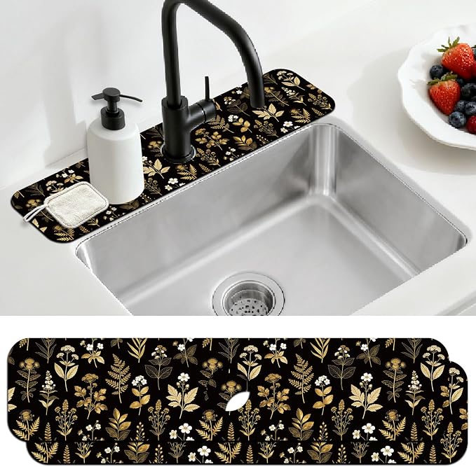 2 Pcs Kitchen Sink Splash Guard Faucet Mat Vintage Gold Leaves Faucet Mat by CONCHLERY%E6%97%97%E8%88%B0%E5%BA%97