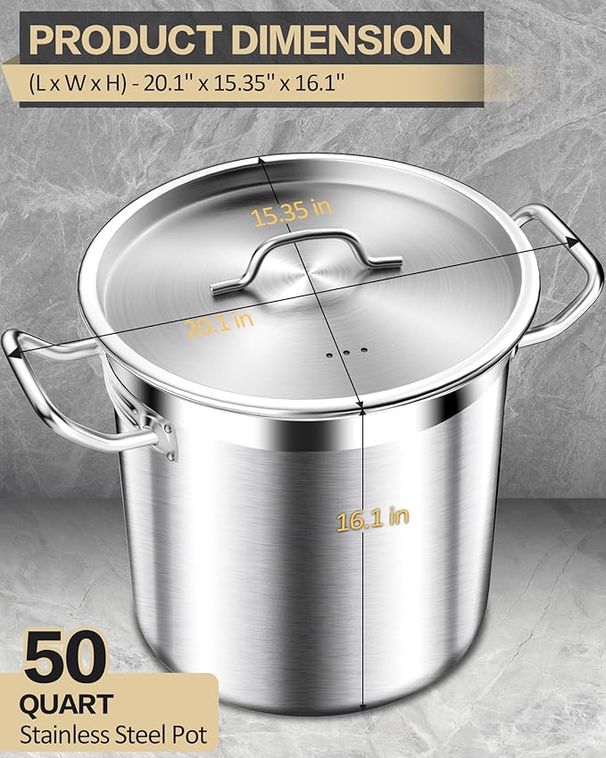 50 Quart Stainless Steel Stock Pot with Lid – Heavy Duty Cooking Pot for Soup, Commercial Soup Pots, 3-Ply Induction Bottom, Oven Safe