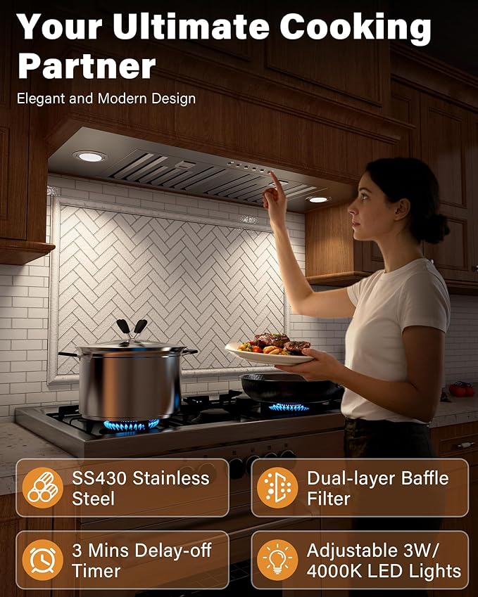 30 inch Stainless Steel Insert Range Hood - 900 CFM, Ultra-Quiet 4-Speed Vent, Button Control, LED Lights, Ducted/Ductless Convertible