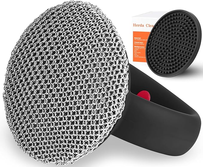 Cast Iron Cleaner Scrubber+Tray with Handle, Welded Chainmail Scrubber for Pan Pot Grill Oven Wok Cleaning- Small Ring Chain Scrub Metal Scraper Brush Iron Skillet Steel Wool Scrubber Steel Sponge