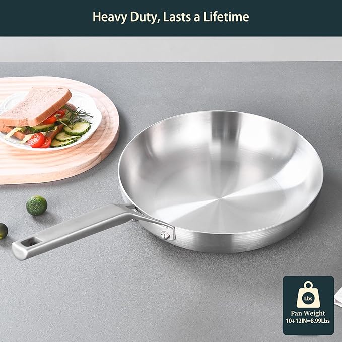 Tri-Ply Stainless Steel Pan Set, 10" & 12" Frying Pans with Lids, 2 Piece Set, Fully Bonded, Oven & Dishwasher Safe, Compatible with All Cooktops Up to 550F