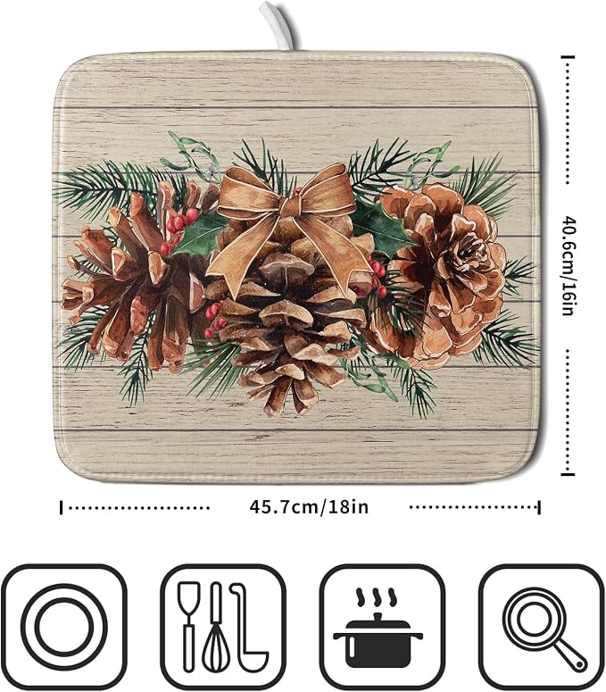 Winter Pine Cone Dish Drying Mat Holly Berries Dish Draining Mat Microfiber - Image 2