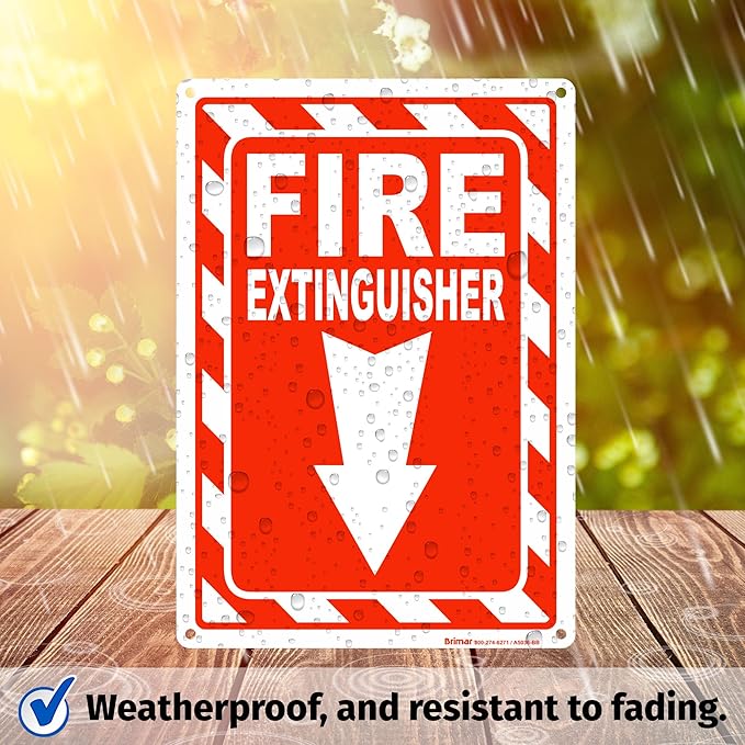 Brimar - 7" x 10" - Fire Extinguisher Sign - Rust-Free Aluminum - Bold Text And Symbol - High Visibility
