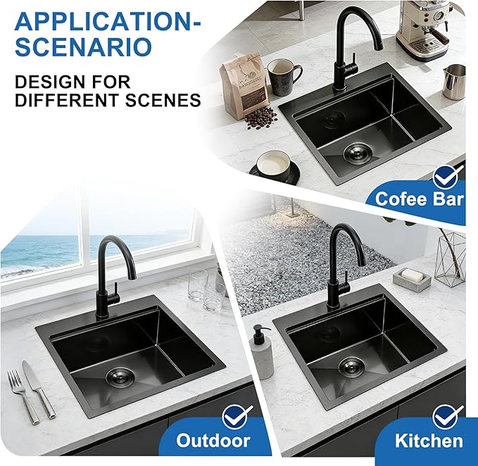 Scamall 21x20x10 Drop In Kitchen Sink Workstation, Nano Black 304 Stainless Steel Deep Single Bowl with Quick Drainage & Tarnish-Free Surface for Bar, Laundry, RV, Includes Accessories