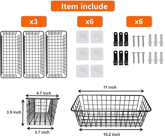 Joben Oligey 3 Set Hanging Wire Baskets, Wall Mount Fruit Basket, No Drilling - Image 3