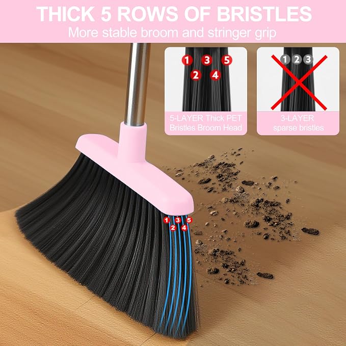 Pink Broom and Dustpan Set for Home, 52-in Long Handle Broom - Image 5