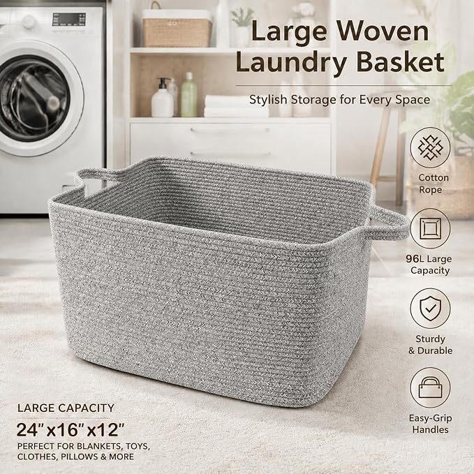 96L Woven Laundry Basket with Handles, Extra Blanket Basket - Image 4
